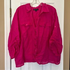 Inc. 100% Linen Blouse Size 3X Hot Pink Button Down Collared V-Neck Plus